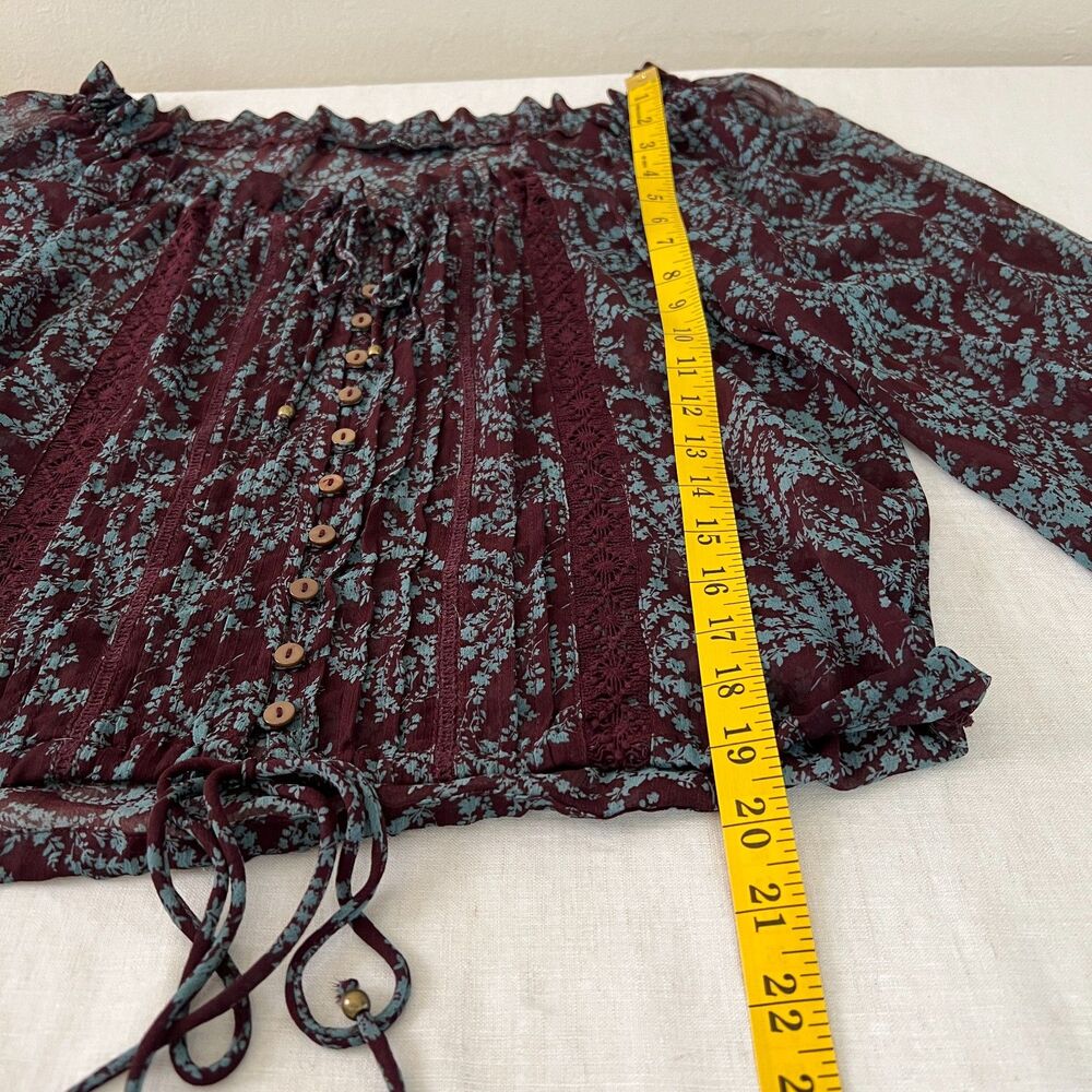 Olivaceous Burgundy Blue Floral Y2K Boho Hippie Semi-Sheer Chiffon Blouse Sz S - Picture 8 of 12